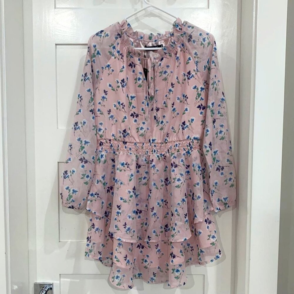 ruffled floral smocked waist tiered chiffon dress